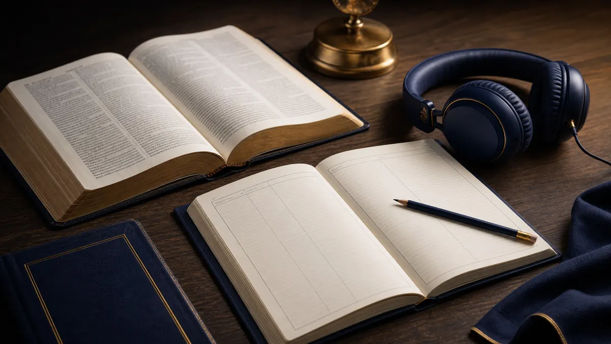 An editorial still life with an open Bible, a blank review ledger, a pencil, and studio headphones